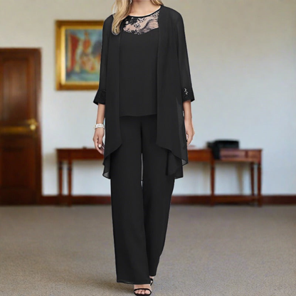 Women’s Three Piece Set with Lace Neck Top, Straight Leg Trousers and Long Cardigan