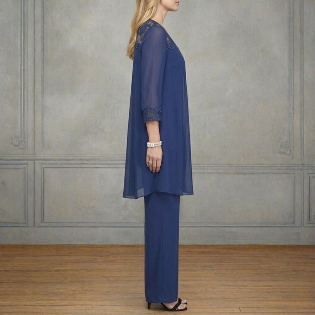 Women’s Three Piece Set with Lace Neck Top, Straight Leg Trousers and Long Cardigan