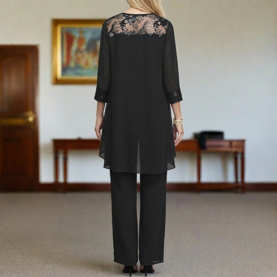 Women’s Three Piece Set with Lace Neck Top, Straight Leg Trousers and Long Cardigan