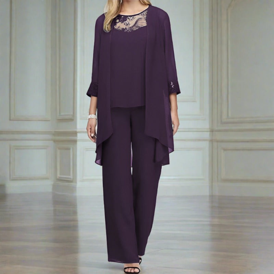 Women’s Three Piece Set with Lace Neck Top, Straight Leg Trousers and Long Cardigan