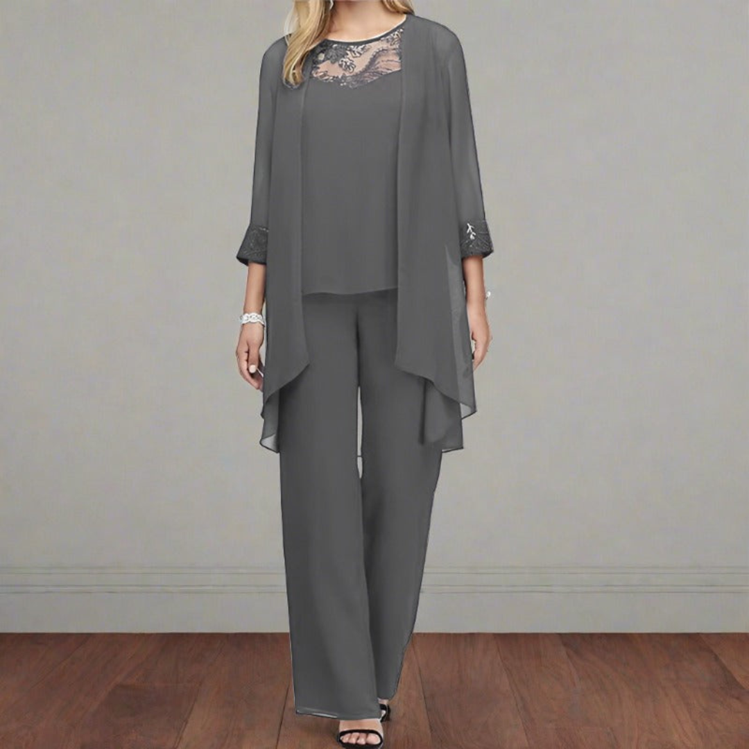 Women’s Three Piece Set with Lace Neck Top, Straight Leg Trousers and Long Cardigan