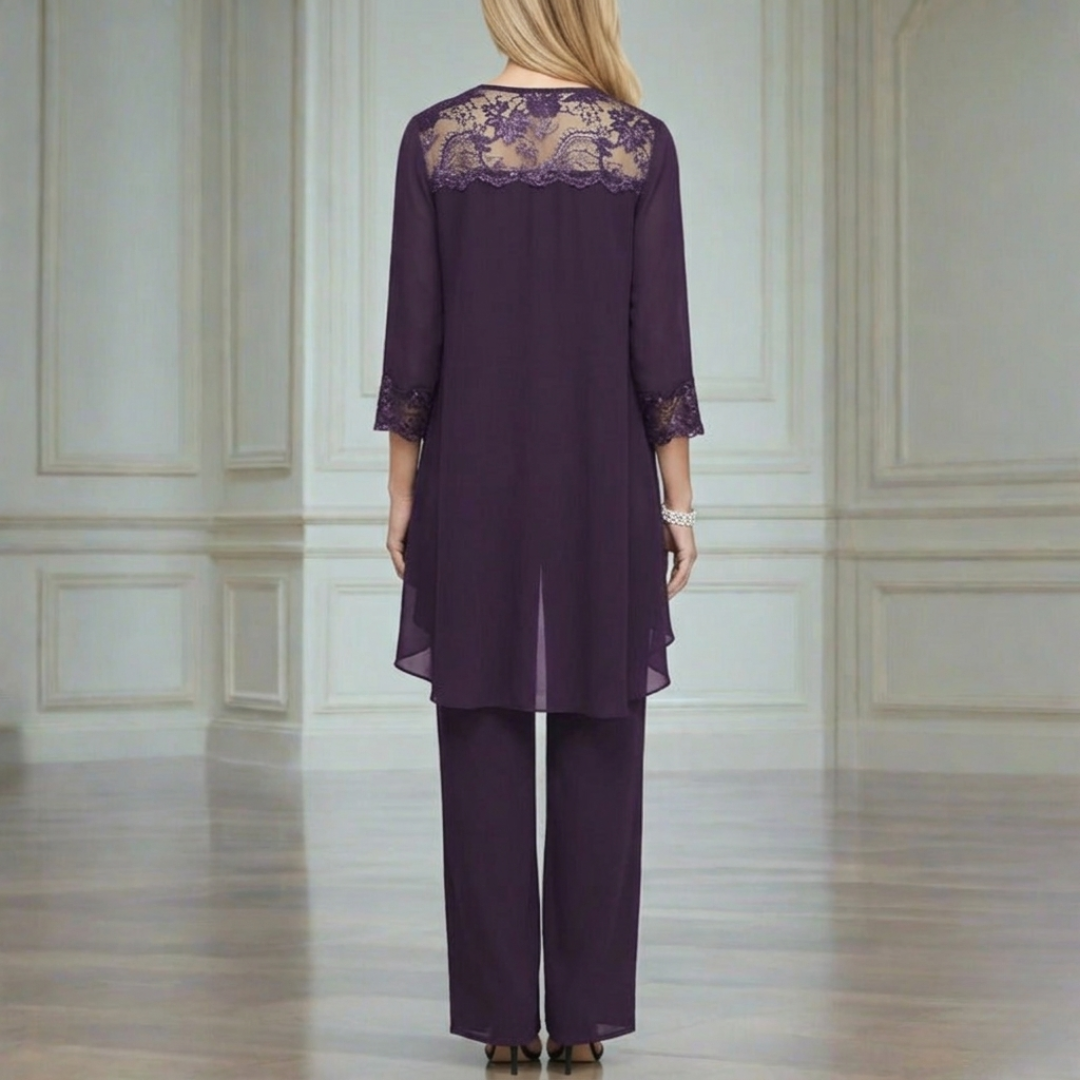 Women’s Three Piece Set with Lace Neck Top, Straight Leg Trousers and Long Cardigan