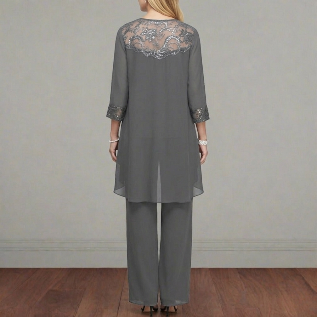 Women’s Three Piece Set with Lace Neck Top, Straight Leg Trousers and Long Cardigan