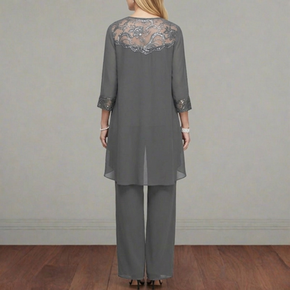 Women’s Three Piece Set with Lace Neck Top, Straight Leg Trousers and Long Cardigan