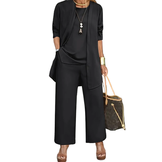 Women’s Three Piece Set with Long Sleeve Top, Trousers and Open Front Cardigan
