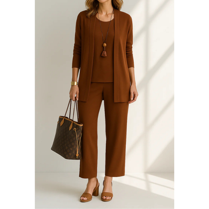 Women’s Three Piece Set with Long Sleeve Top, Trousers and Open Front Cardigan