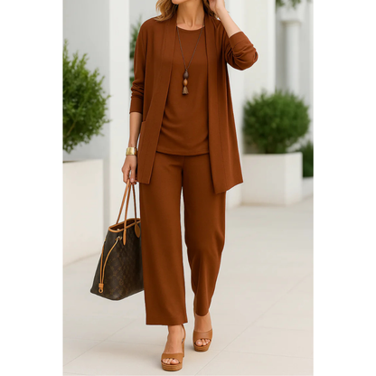 Women’s Three Piece Set with Long Sleeve Top, Trousers and Open Front Cardigan