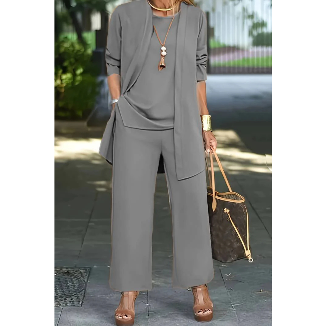 Women’s Three Piece Set with Long Sleeve Top, Trousers and Open Front Cardigan