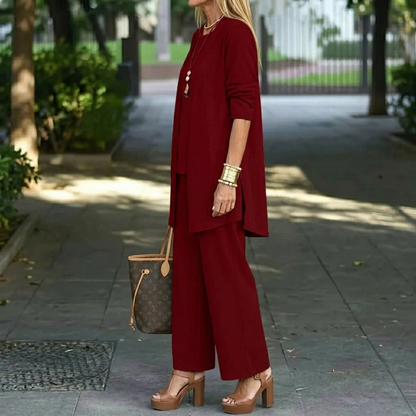 Women’s Three Piece Set with Long Sleeve Top, Trousers and Open Front Cardigan