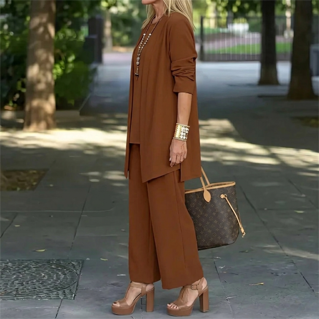 Women’s Three Piece Set with Long Sleeve Top, Trousers and Open Front Cardigan