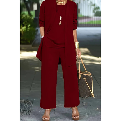 Women’s Three Piece Set with Long Sleeve Top, Trousers and Open Front Cardigan