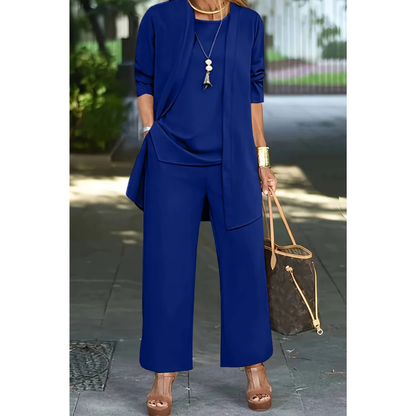Women’s Three Piece Set with Long Sleeve Top, Trousers and Open Front Cardigan