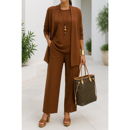 Women’s Three Piece Set with Long Sleeve Top, Trousers and Open Front Cardigan