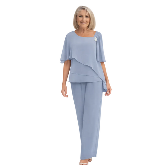 Women’s Two Piece Set with Short Sleeve Blouse and Straight Leg Trousers