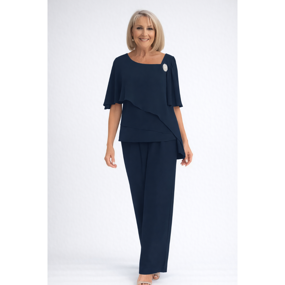 Women’s Two Piece Set with Short Sleeve Blouse and Straight Leg Trousers