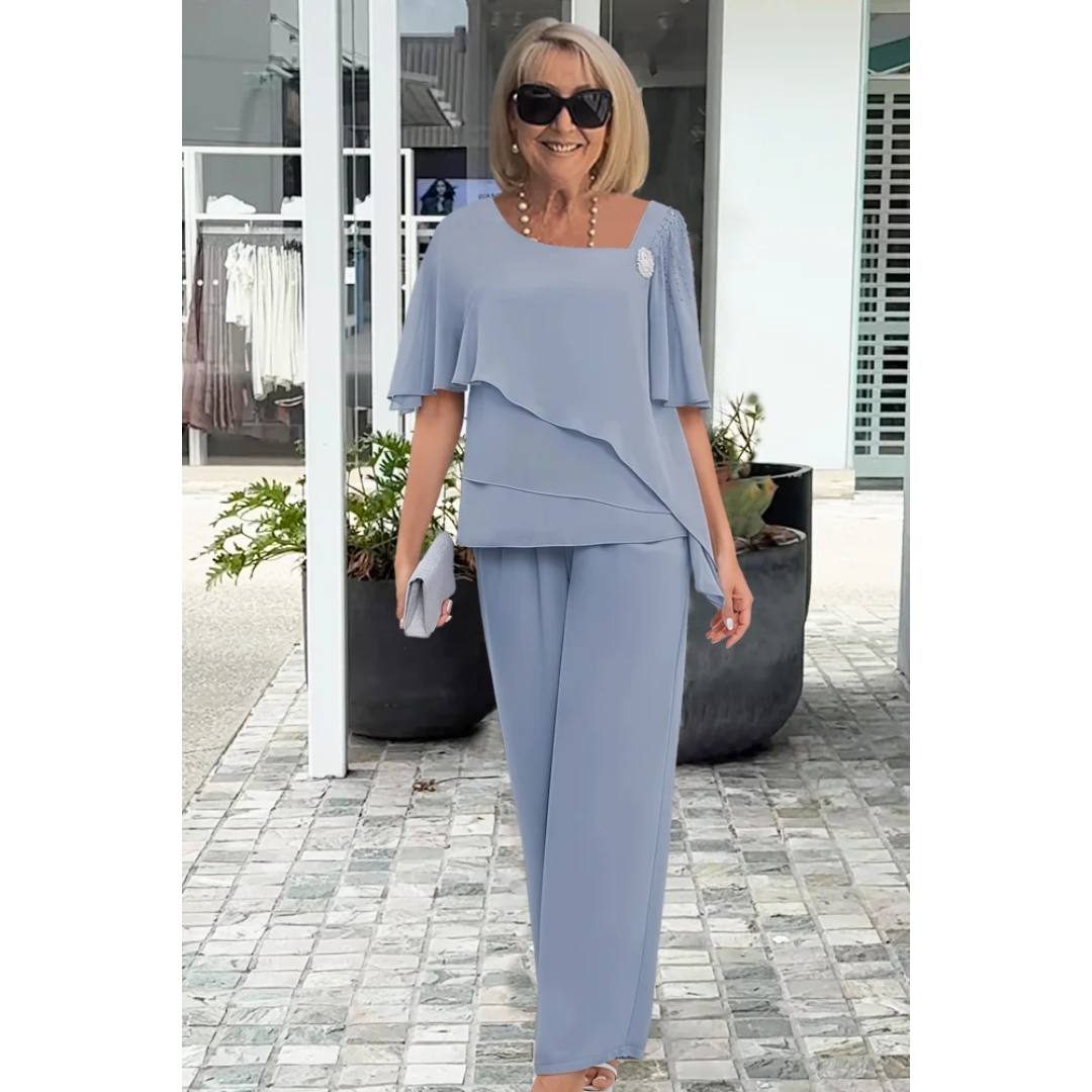 Women’s Two Piece Set with Short Sleeve Blouse and Straight Leg Trousers