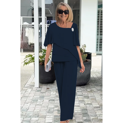 Women’s Two Piece Set with Short Sleeve Blouse and Straight Leg Trousers