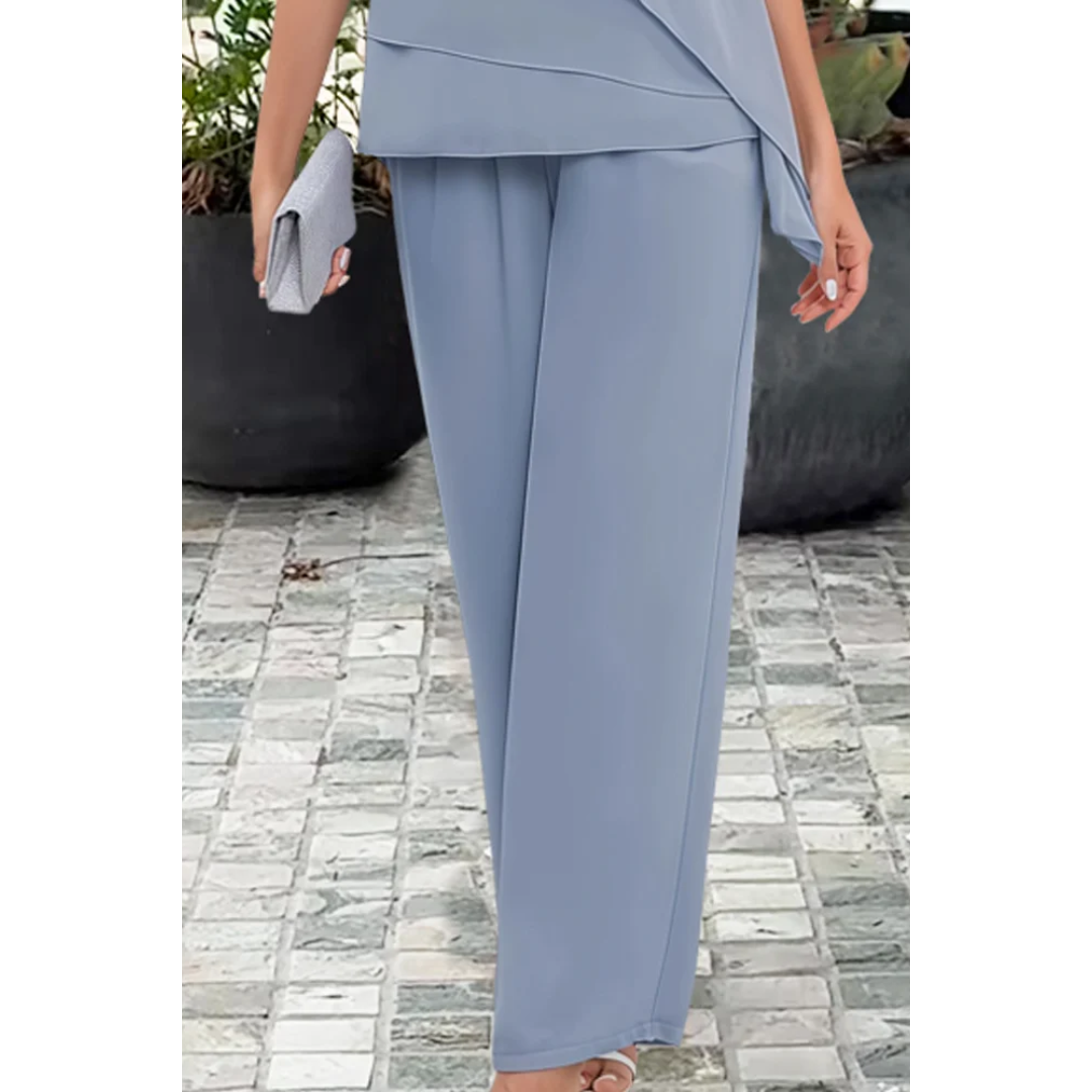 Women’s Two Piece Set with Short Sleeve Blouse and Straight Leg Trousers