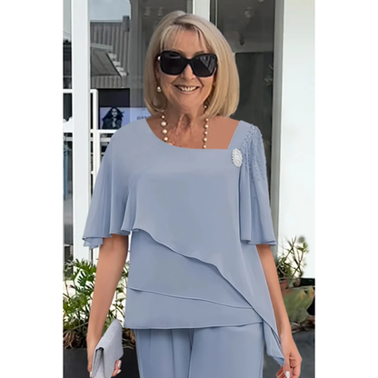 Women’s Two Piece Set with Short Sleeve Blouse and Straight Leg Trousers