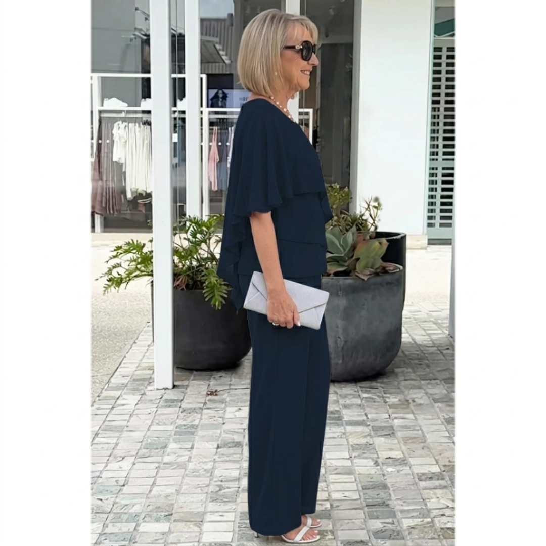 Women’s Two Piece Set with Short Sleeve Blouse and Straight Leg Trousers