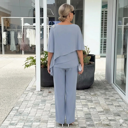 Women’s Two Piece Set with Short Sleeve Blouse and Straight Leg Trousers
