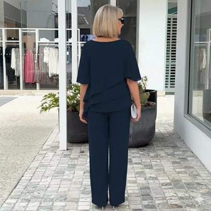 Women’s Two Piece Set with Short Sleeve Blouse and Straight Leg Trousers