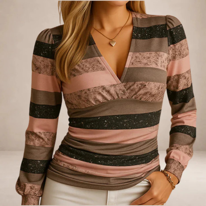 Women’s V-Neck Long Sleeve Blouse with Gathered Waist