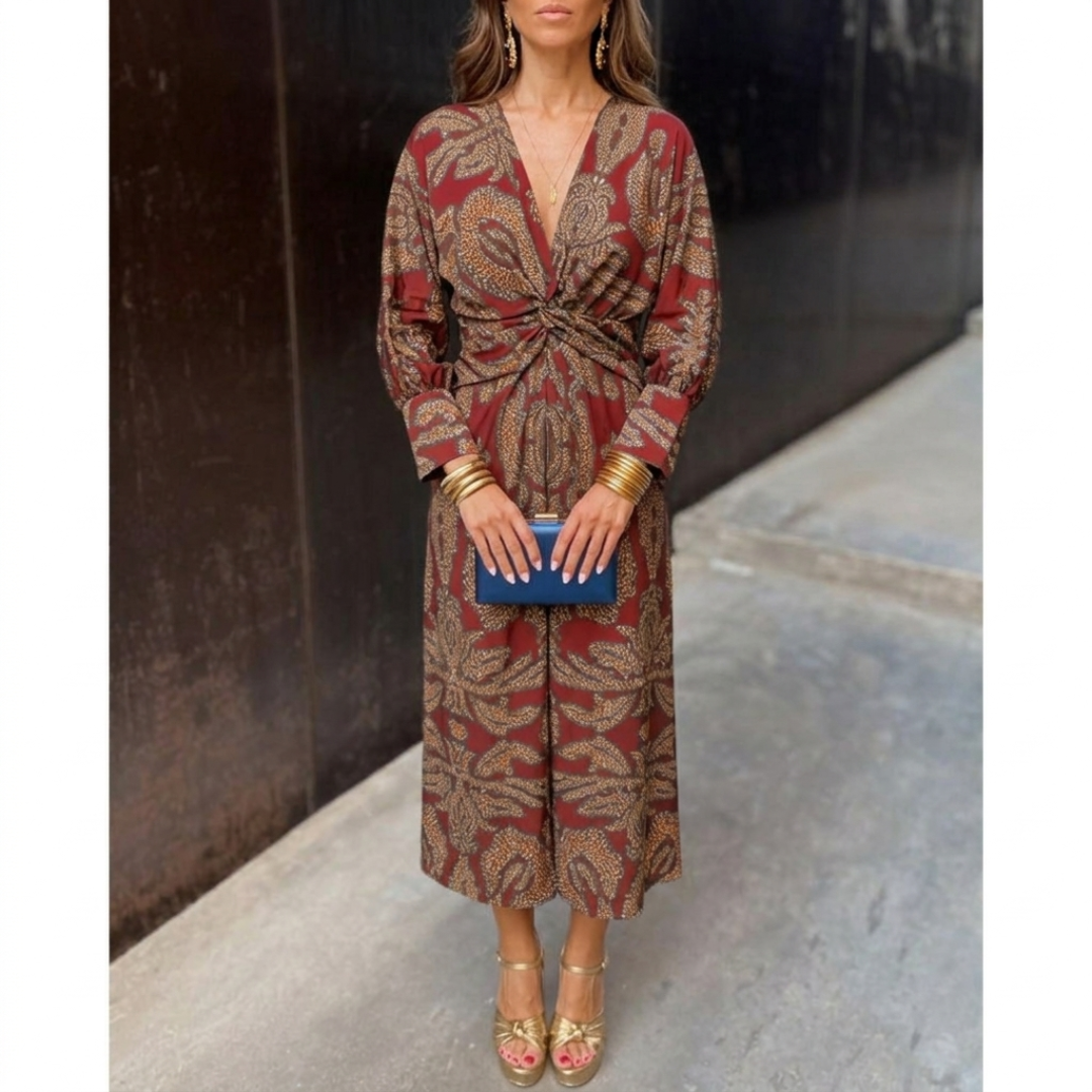 Women’s V-Neck Long Sleeve Midi Dress with Front Knot and Pattern