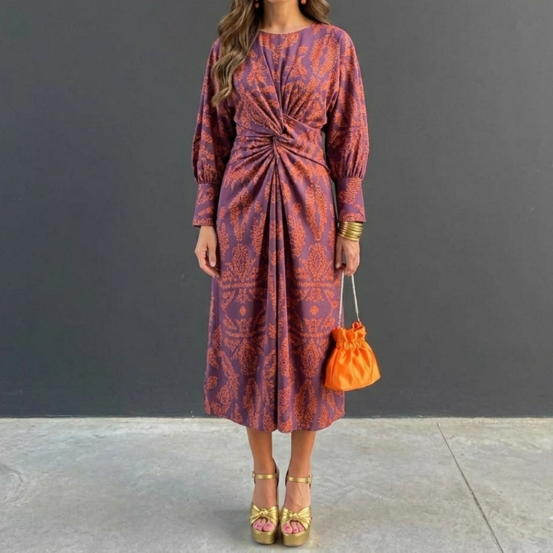 Women’s V-Neck Long Sleeve Midi Dress with Front Knot and Pattern