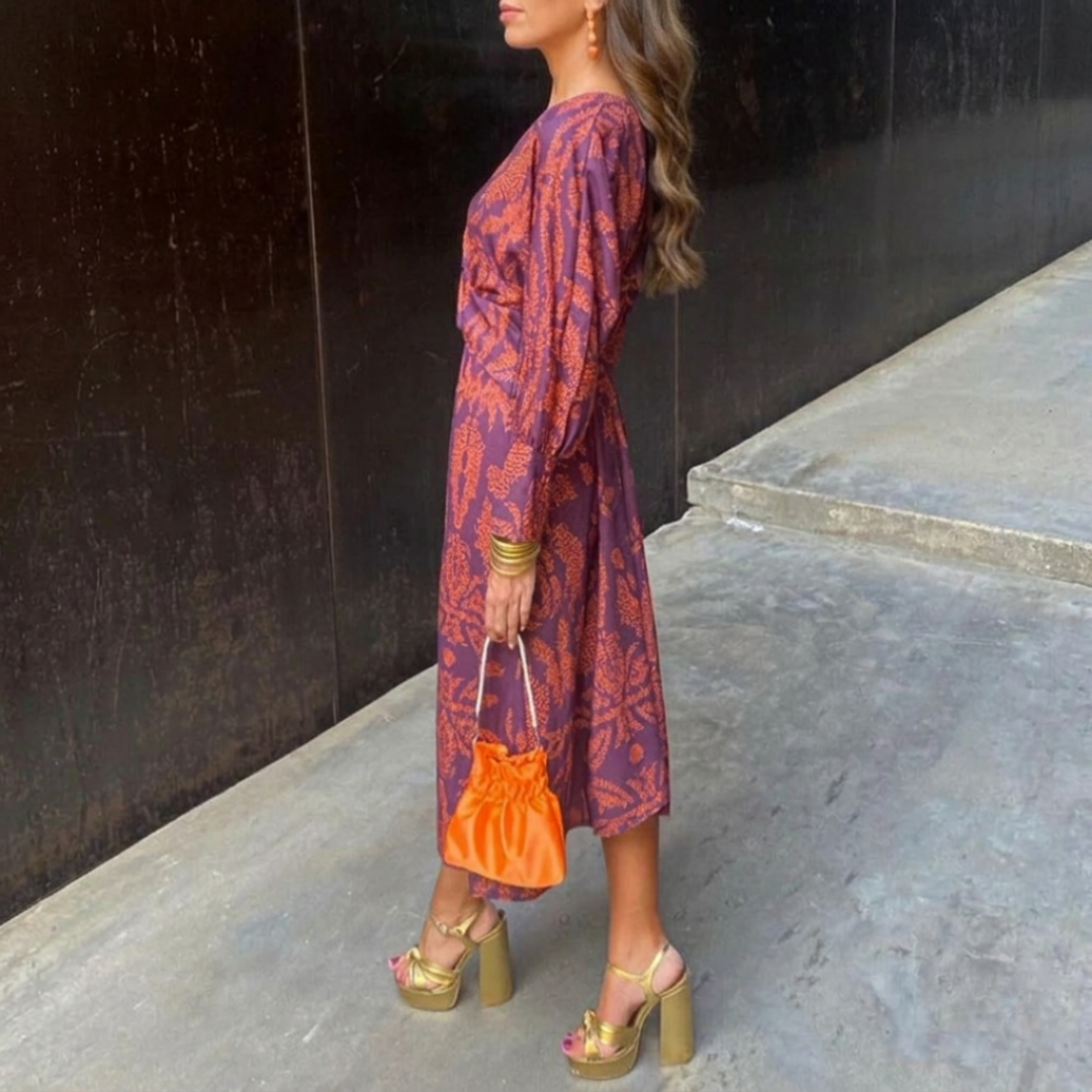 Women’s V-Neck Long Sleeve Midi Dress with Front Knot and Pattern
