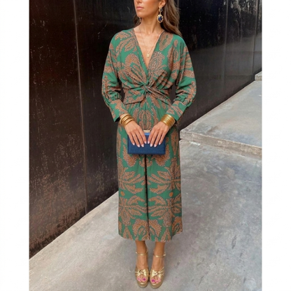 Women’s V-Neck Long Sleeve Midi Dress with Front Knot and Pattern