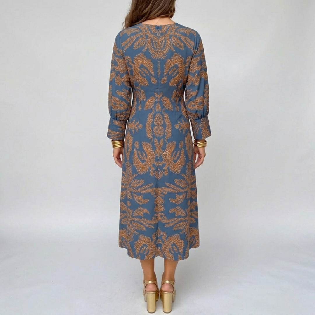 Women’s V-Neck Long Sleeve Midi Dress with Front Knot and Pattern