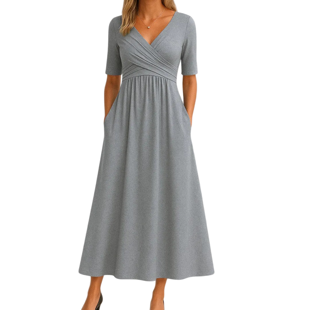 Women’s V-Neck Short Sleeve Midi Dress with Cross Waist