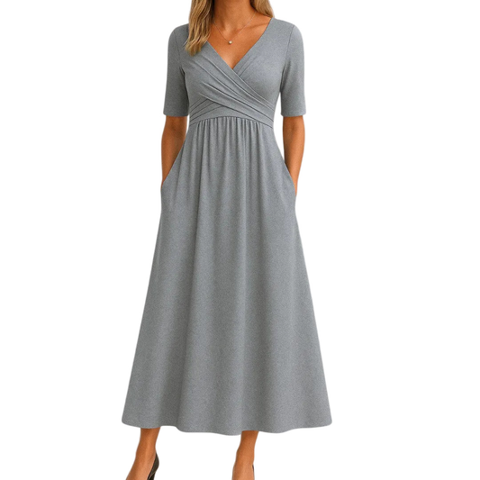 Women’s V-Neck Short Sleeve Midi Dress with Cross Waist