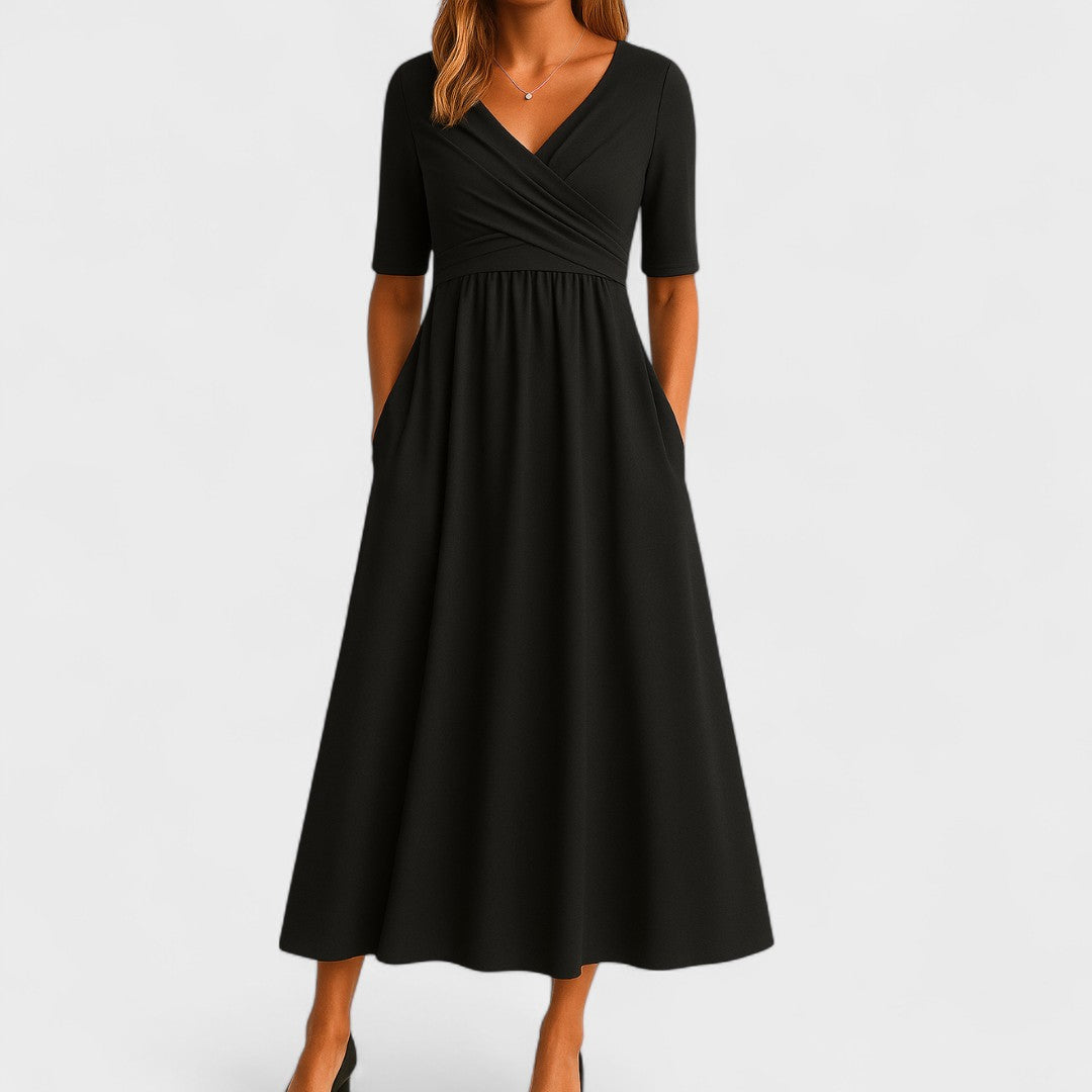 Women’s V-Neck Short Sleeve Midi Dress with Cross Waist