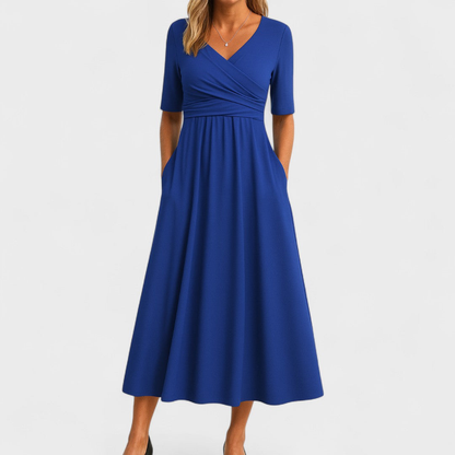 Women’s V-Neck Short Sleeve Midi Dress with Cross Waist