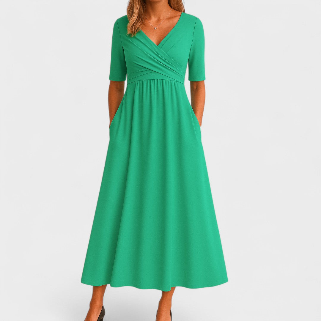 Women’s V-Neck Short Sleeve Midi Dress with Cross Waist