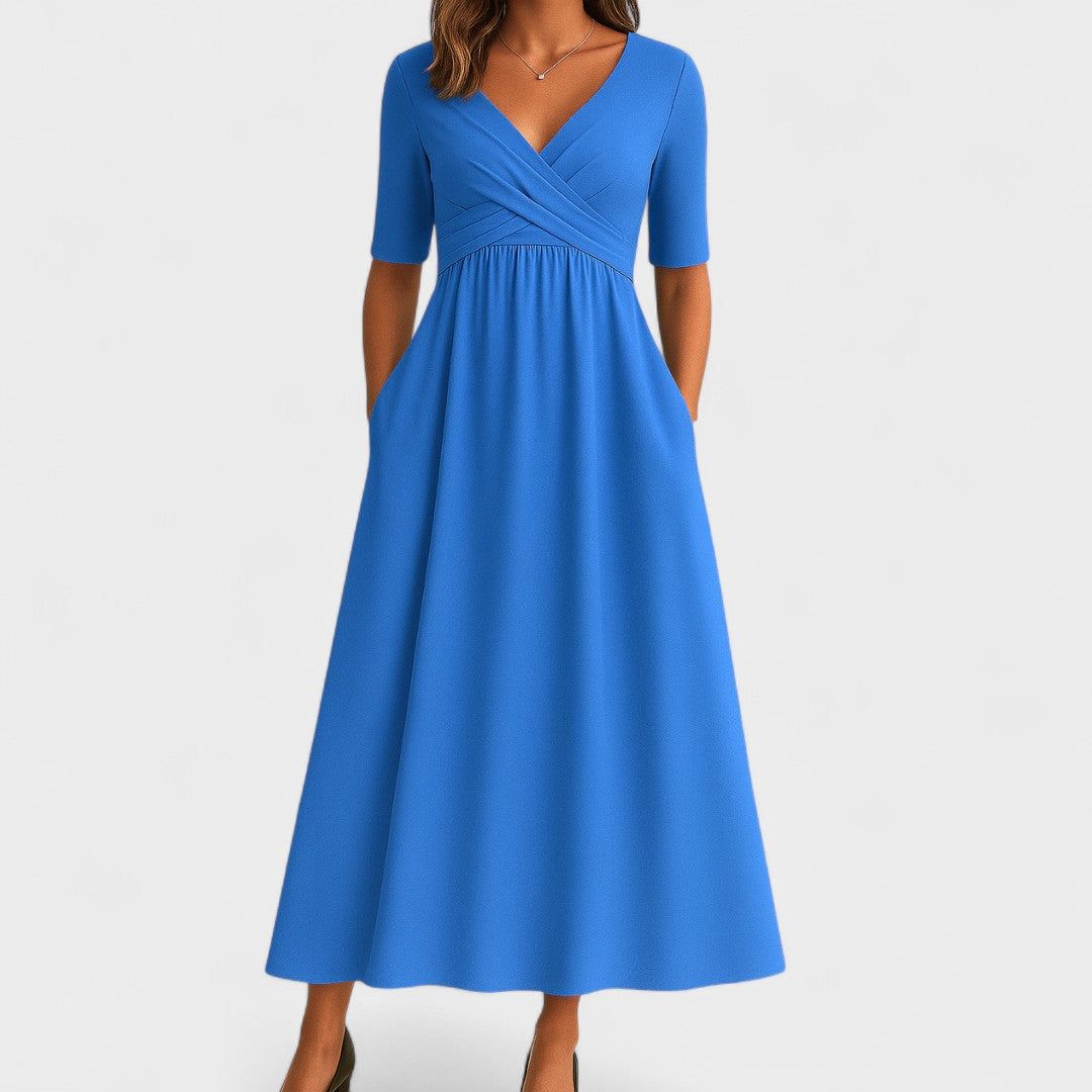 Women’s V-Neck Short Sleeve Midi Dress with Cross Waist