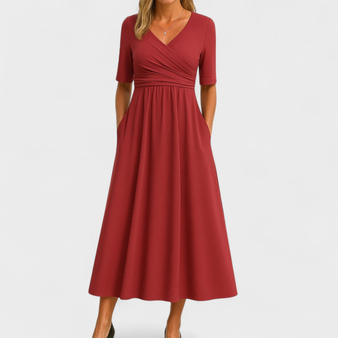Women’s V-Neck Short Sleeve Midi Dress with Cross Waist