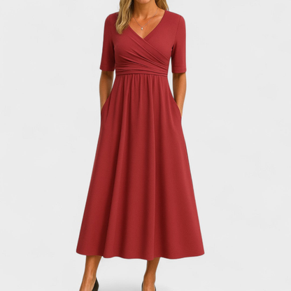 Women’s V-Neck Short Sleeve Midi Dress with Cross Waist