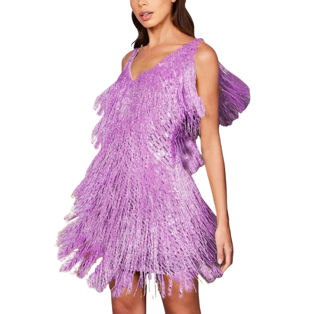 Women’s V-Neck Sleeveless Mini Dress with Layered Fringe