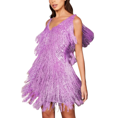 Women’s V-Neck Sleeveless Mini Dress with Layered Fringe