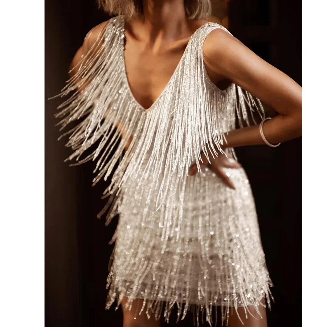 Women’s V-Neck Sleeveless Mini Dress with Layered Fringe