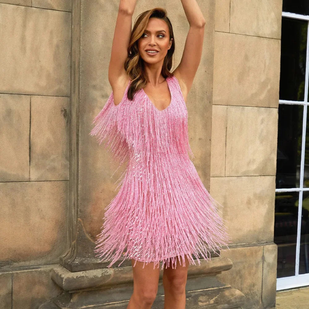 Women’s V-Neck Sleeveless Mini Dress with Layered Fringe