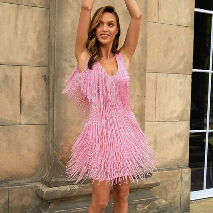 Women’s V-Neck Sleeveless Mini Dress with Layered Fringe