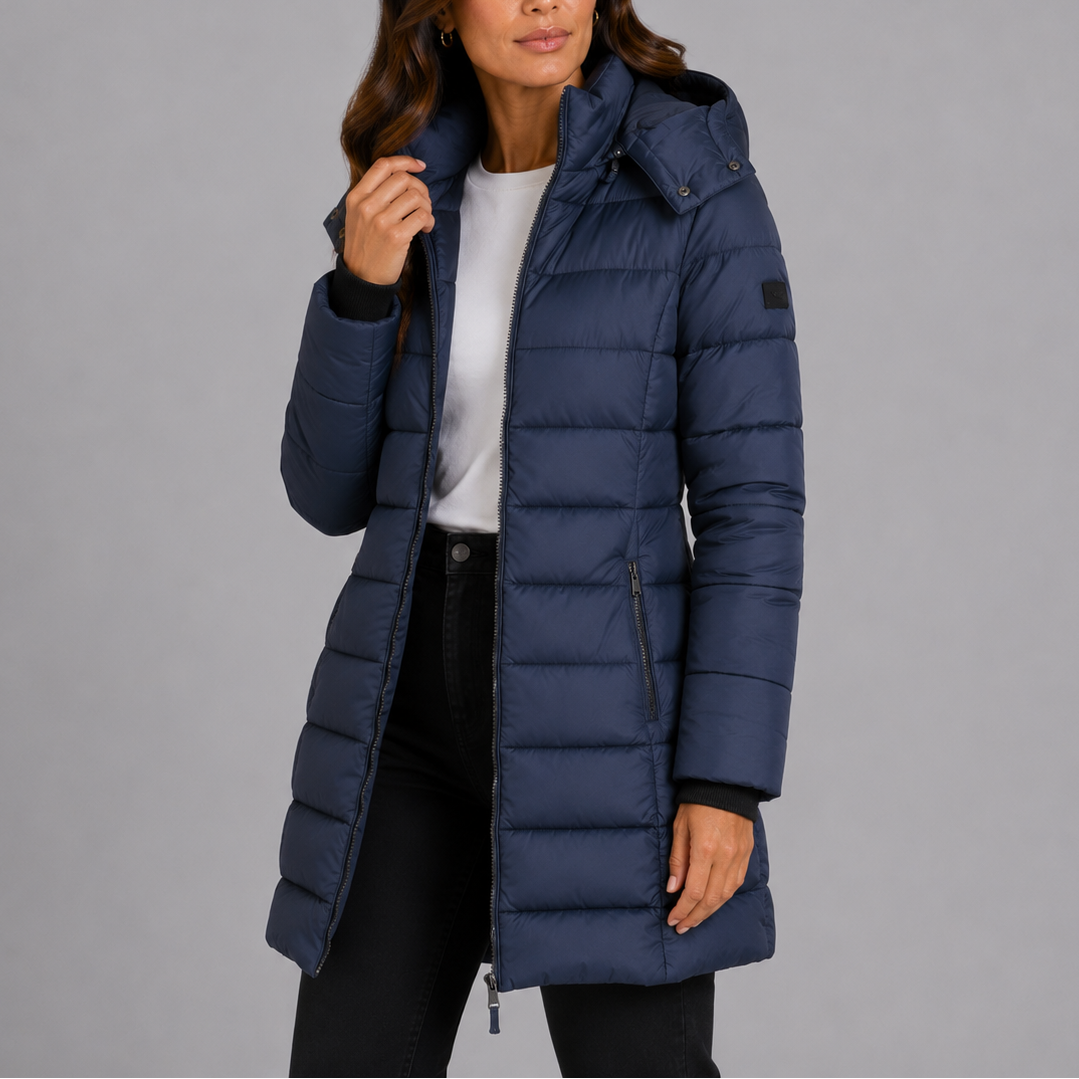 Wynna Women's Long Hooded Puffer Jacket featuring a stylish insulated quilted design, perfect for winter warmth and comfort. 0
