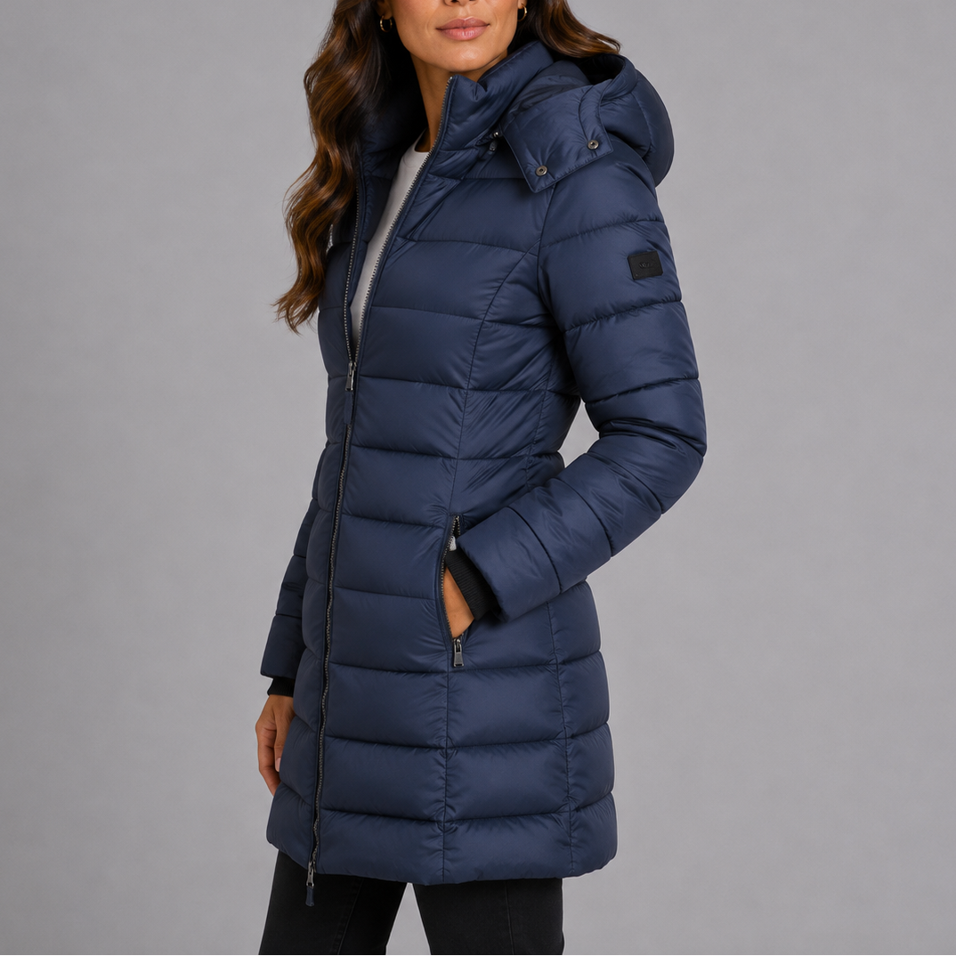 Wynna Women's Long Hooded Puffer Jacket featuring a stylish insulated quilted design, perfect for winter warmth and comfort. 1