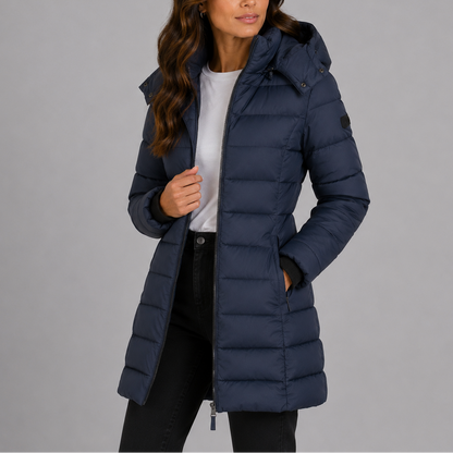 Wynna Women's Long Hooded Puffer Jacket featuring a stylish insulated quilted design, perfect for winter warmth and comfort. 2