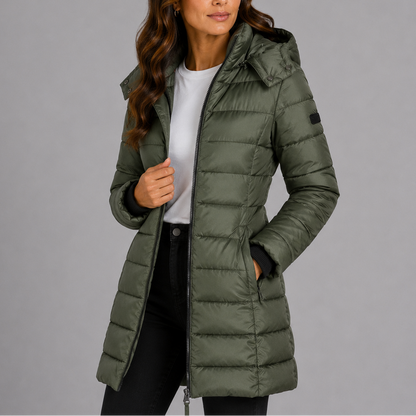 Wynna Women's Long Hooded Puffer Jacket featuring a stylish insulated quilted design, perfect for winter warmth and comfort. 4