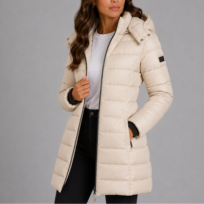 Wynna Women's Long Hooded Puffer Jacket featuring a stylish insulated quilted design, perfect for winter warmth and comfort. 5